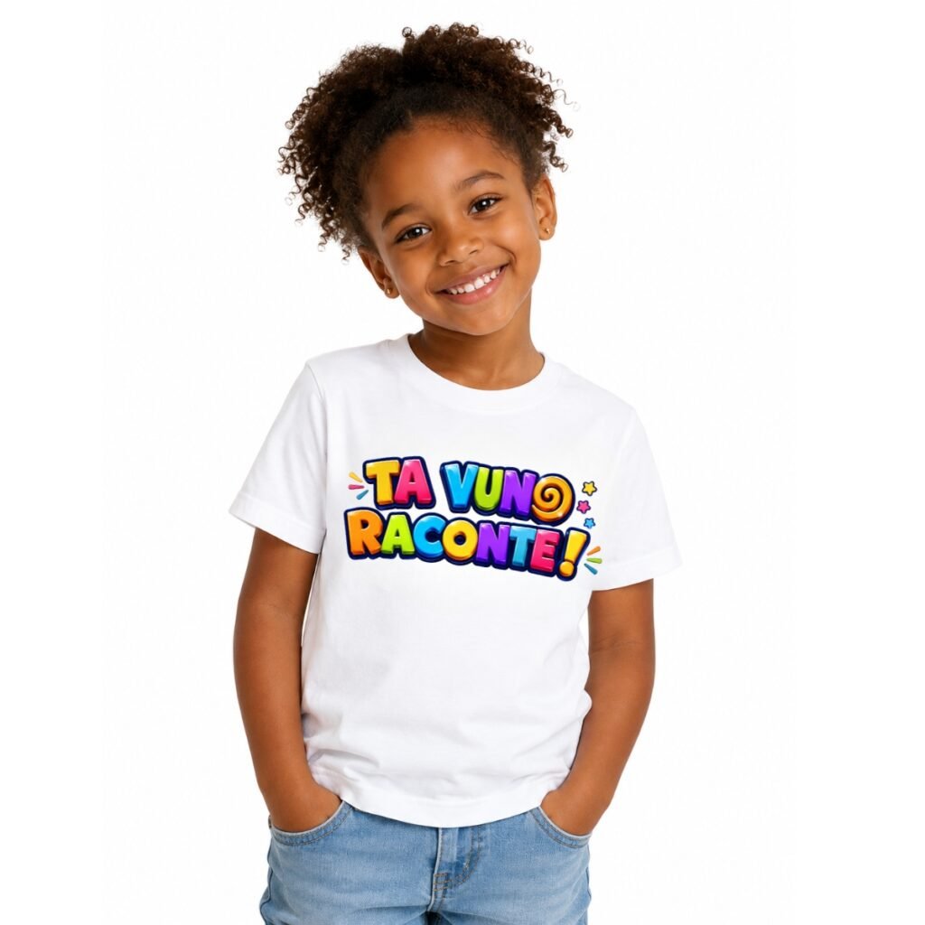 T-shirt blanc TA VUNO RACONTE ! porté par une enfant
