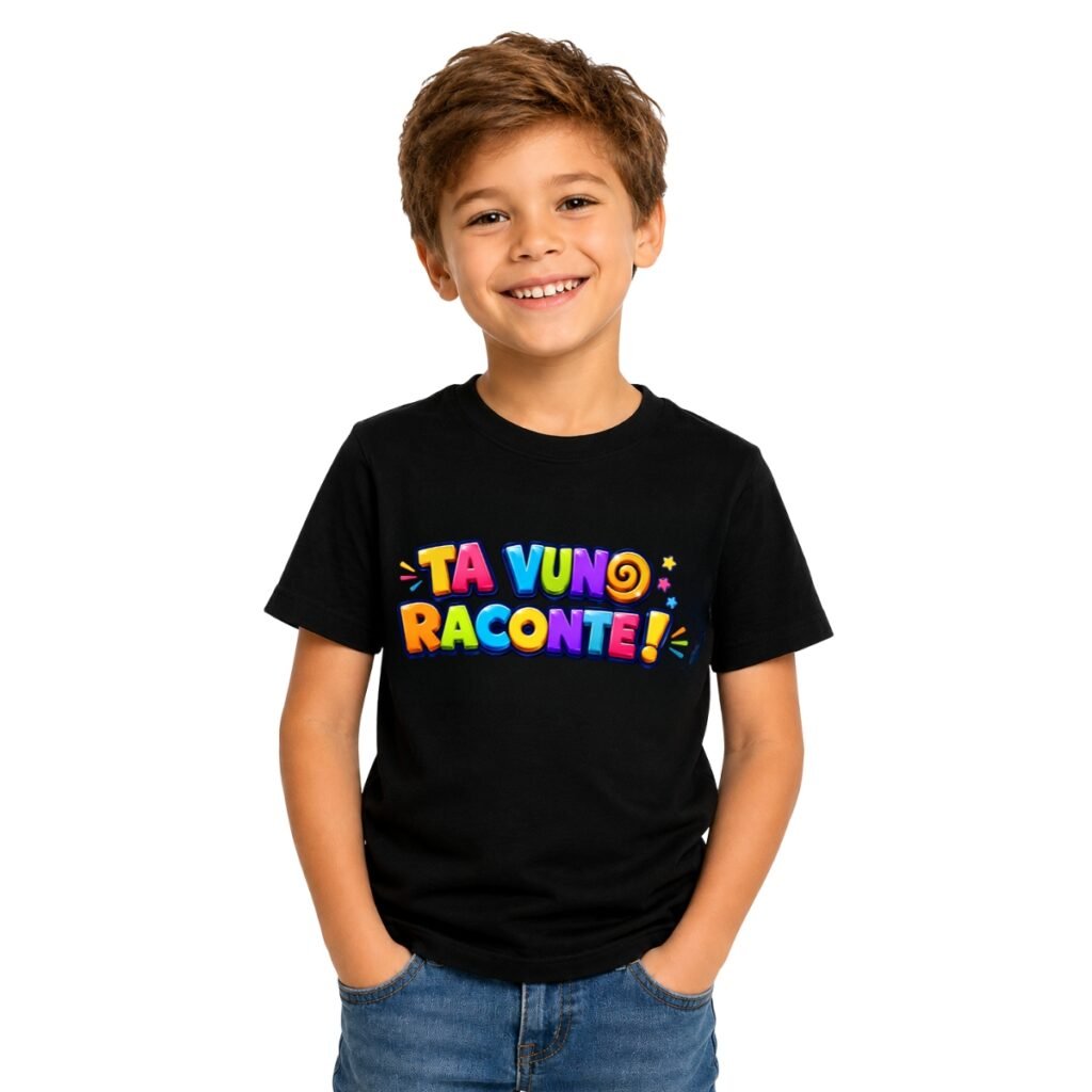 T-shirt noir TA VUNO RACONTE ! porté par un enfant